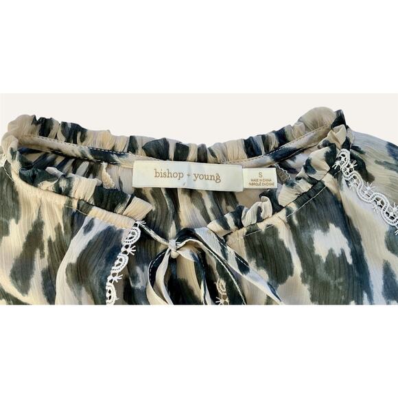 Bishop + Young Animal Print Blouse Tie Neck Long Sleeve Work Ivory Black Size S - Picture 8 of 13